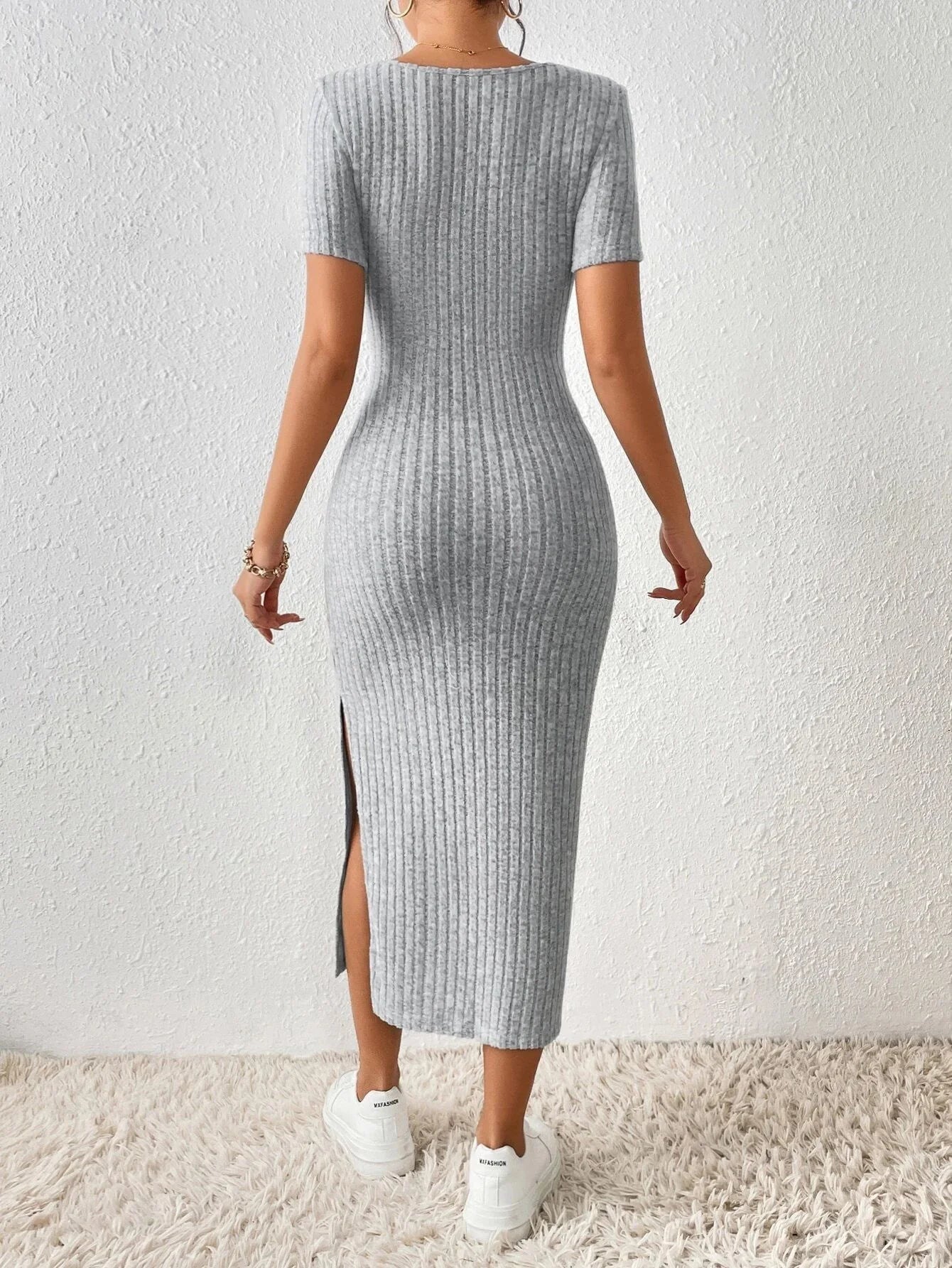 Summer Square Neck, Hip - Hugging Mid - Length Skirt, Short - Sleeved, Versatile Knitted Slit Dress - Fleur de Luxe
