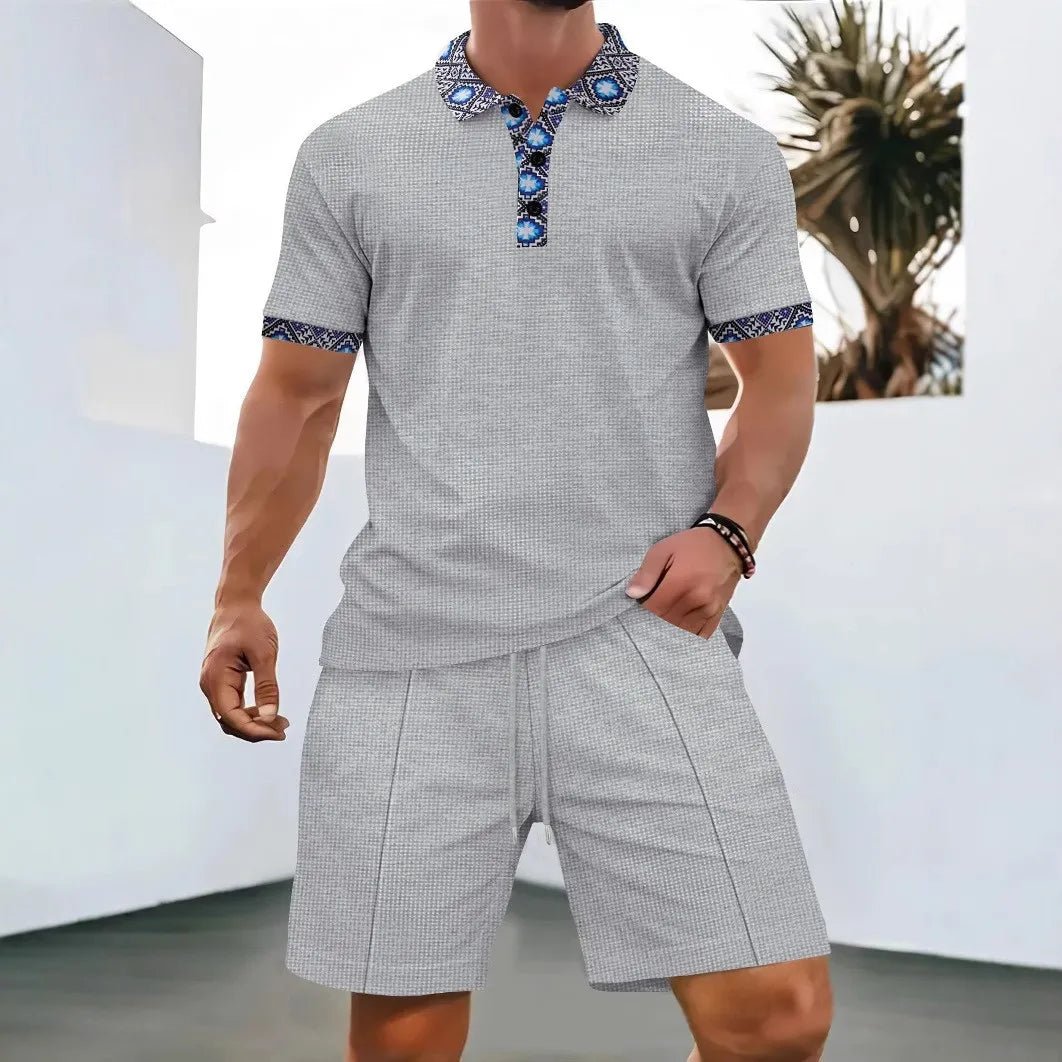 2025 Men Europe and the United States new summer Waffle solid color zip - up lapel short - sleeve suit shorts two sets - Fleur de Luxe
