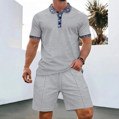 2025 Men Europe and the United States new summer Waffle solid color zip - up lapel short - sleeve suit shorts two sets - Fleur de Luxe
