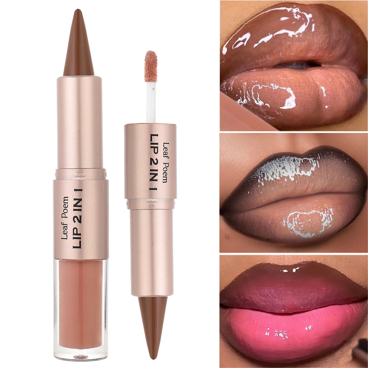 Black Brown Tapered Lip Liner Contour Pencil Double Head Mirror Plumping Lip Glaze Crystal Lip Gloss Sexy Red Lips Tint Makeup - Fleur de Luxe
