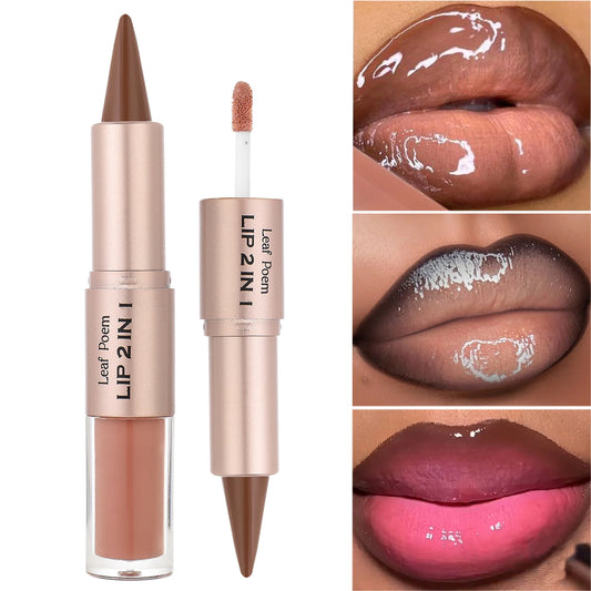 Black Brown Tapered Lip Liner Contour Pencil Double Head Mirror Plumping Lip Glaze Crystal Lip Gloss Sexy Red Lips Tint Makeup - Fleur de Luxe