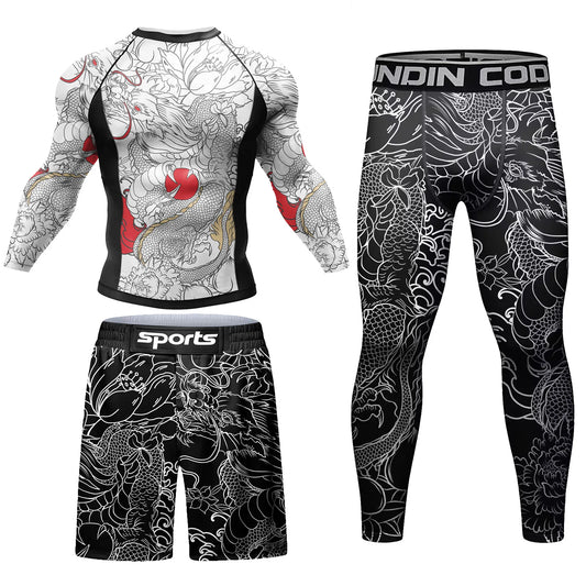 Men Tracksuit MMA No Gi Rashguard Jiu Jitsu T-shirt+Pants Boxing Jerseys Set BJJ Muay Thai Shorts Compression Legging Sportsuit - Fleur de Luxe