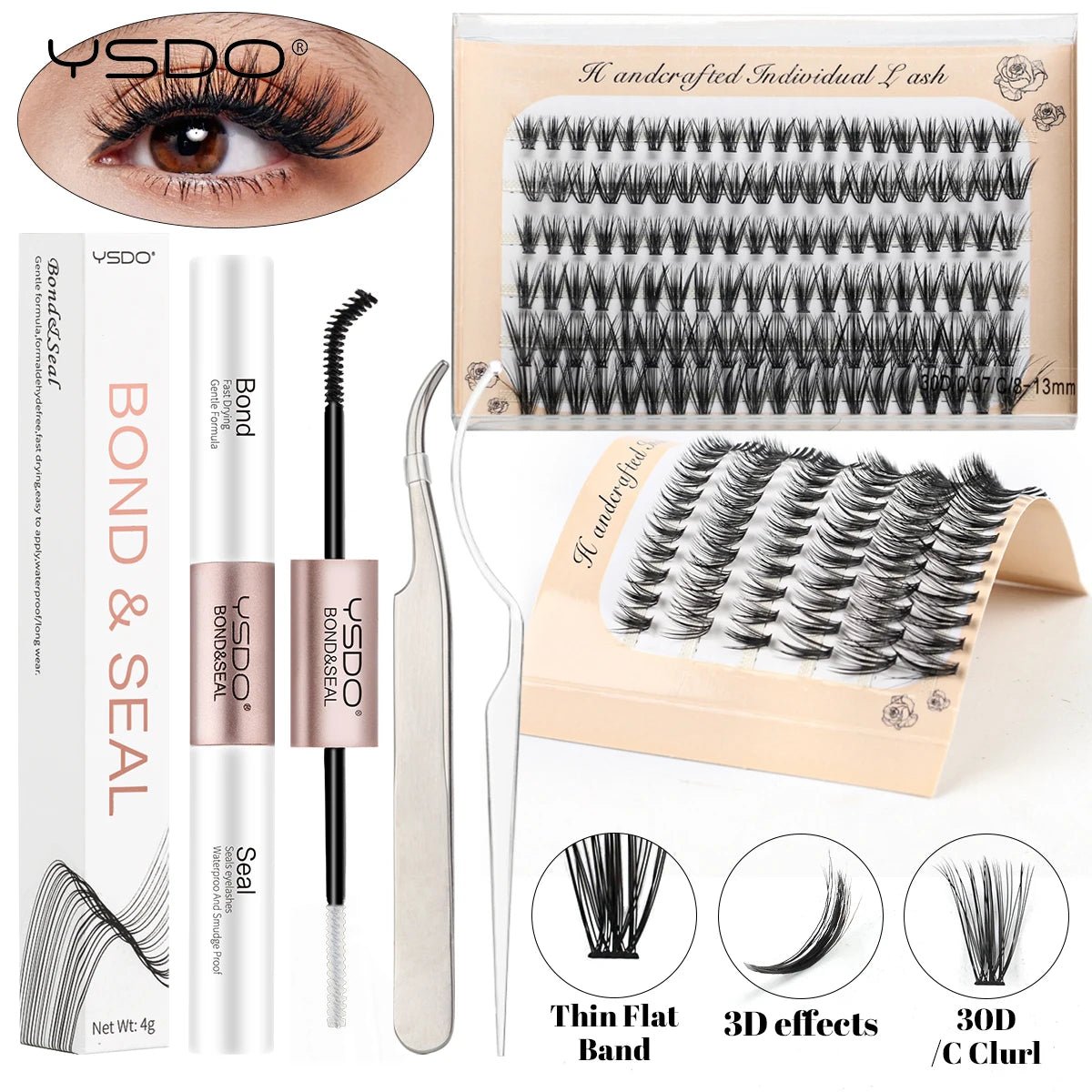 DIY Lash Kit 8-16mm Individual Lashes Clusters w/ Waterproof Bond, Seal & Tweezers - Fleur de Luxe