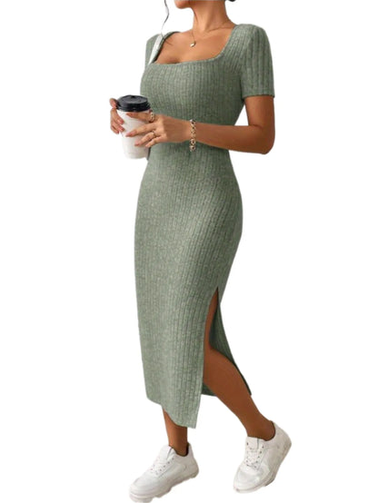 Summer Square Neck, Hip - Hugging Mid - Length Skirt, Short - Sleeved, Versatile Knitted Slit Dress - Fleur de Luxe