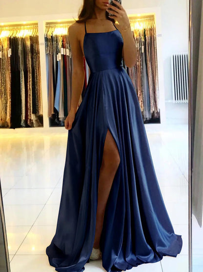 Elegant Women Maxi Beach Satin Dress Sexy Leg Slit Lace up Evening Prom Gown Adjustable Straps Bridesmaid Dresses - Fleur de Luxe
