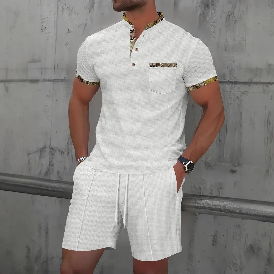 2025 Men Europe and the United States new summer Waffle solid color zip - up lapel short - sleeve suit shorts two sets - Fleur de Luxe