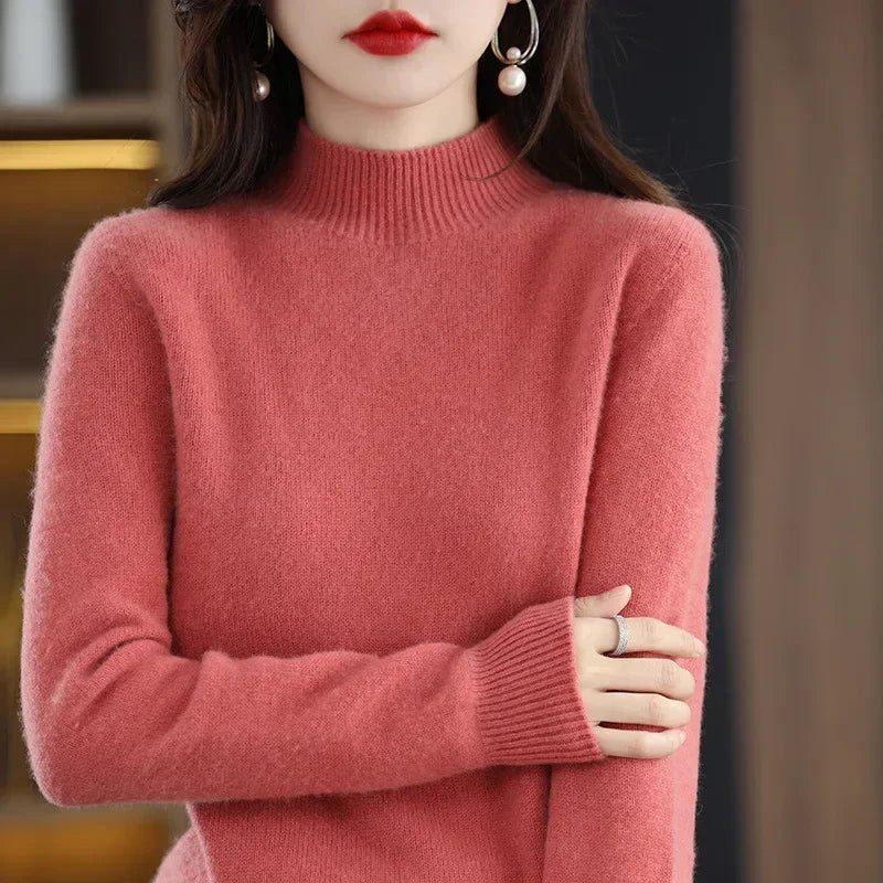 Autumn Winter Women Sweater Korean Fashion Warm Bottoming Shirts Half High Collar Basic Knitwear Solid Long Sleeve Pullovers - Fleur de Luxe