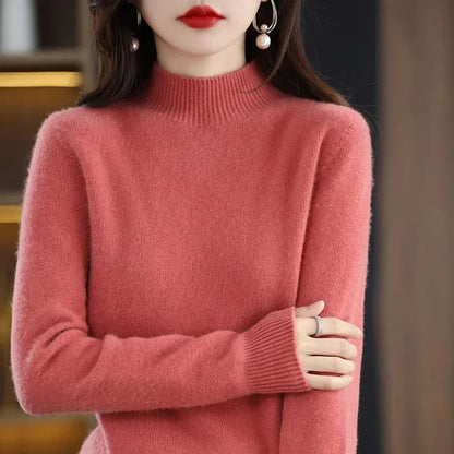 Autumn Winter Women Sweater Korean Fashion Warm Bottoming Shirts Half High Collar Basic Knitwear Solid Long Sleeve Pullovers - Fleur de Luxe