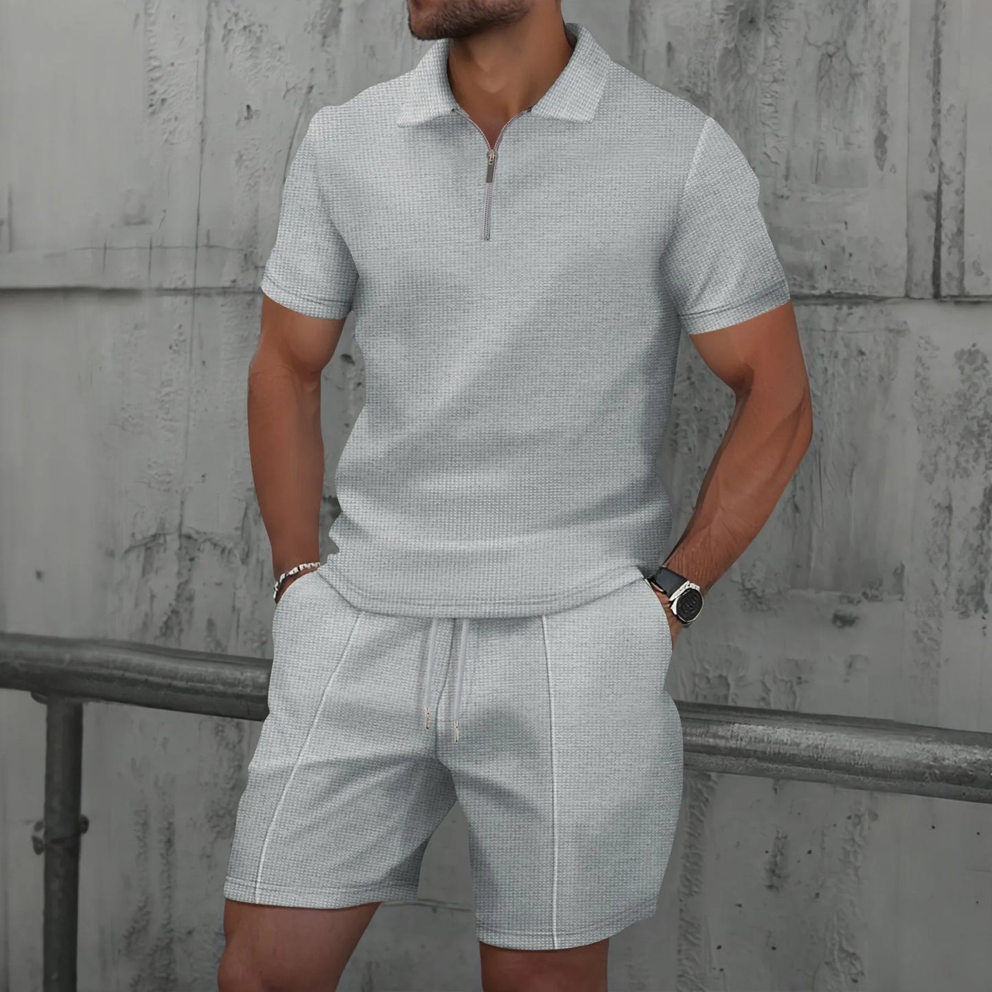 2025 Men Europe and the United States new summer Waffle solid color zip - up lapel short - sleeve suit shorts two sets - Fleur de Luxe