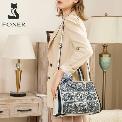 FOXER Women's Chic Leather Shoulder Crossbody Bag with Scarf Print Pocket - Fleur de Luxe