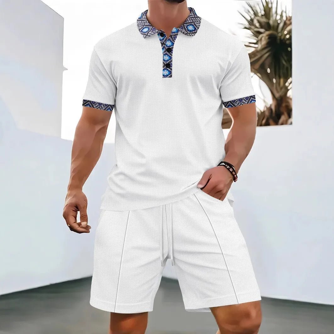 2025 Men Europe and the United States new summer Waffle solid color zip - up lapel short - sleeve suit shorts two sets - Fleur de Luxe