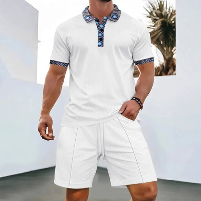 2025 Men Europe and the United States new summer Waffle solid color zip - up lapel short - sleeve suit shorts two sets - Fleur de Luxe