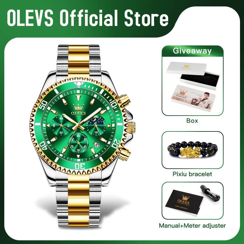 OLEVS Luxury Moon Phase Chronograph Watch for Men, Waterproof Stainless Steel - Fleur de Luxe