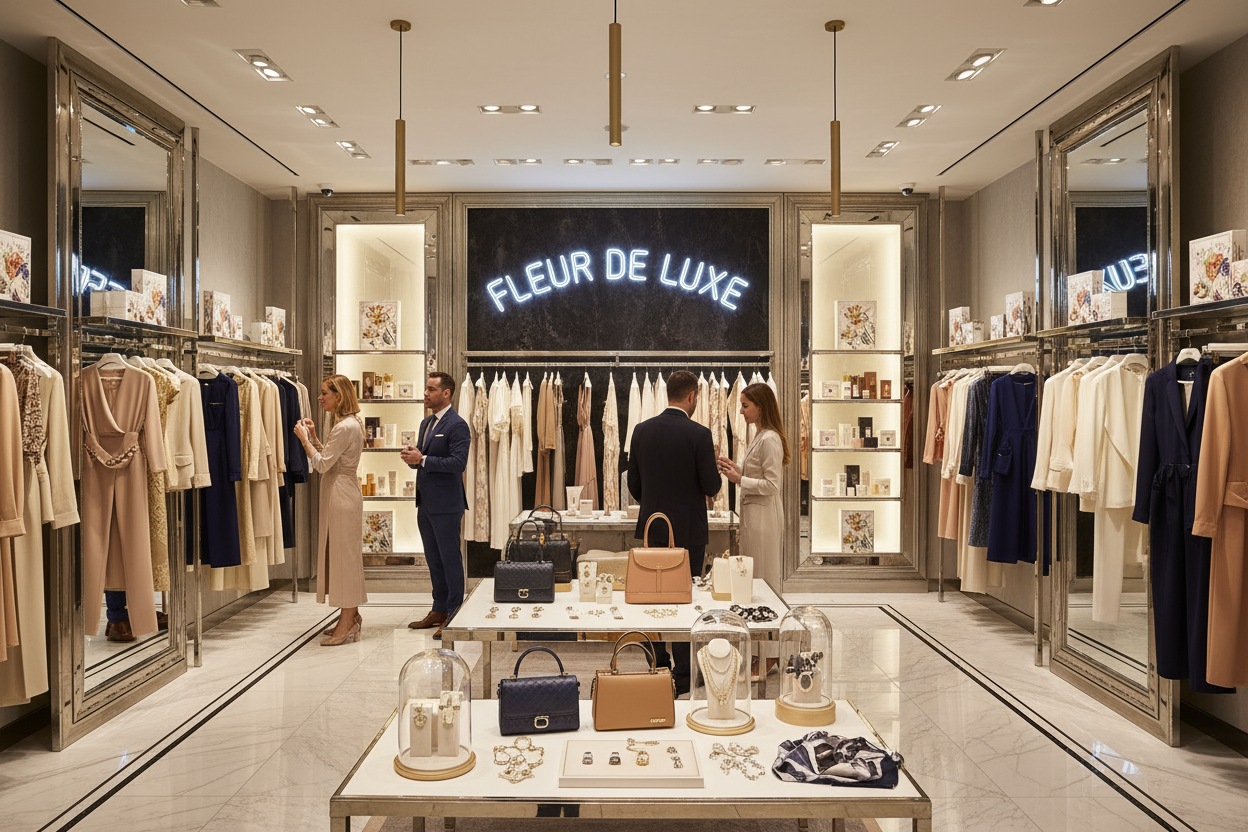 Le nom doit être clair et en néon la boutique aussi rempli de vêtements accessoires produits de beauté et soin 