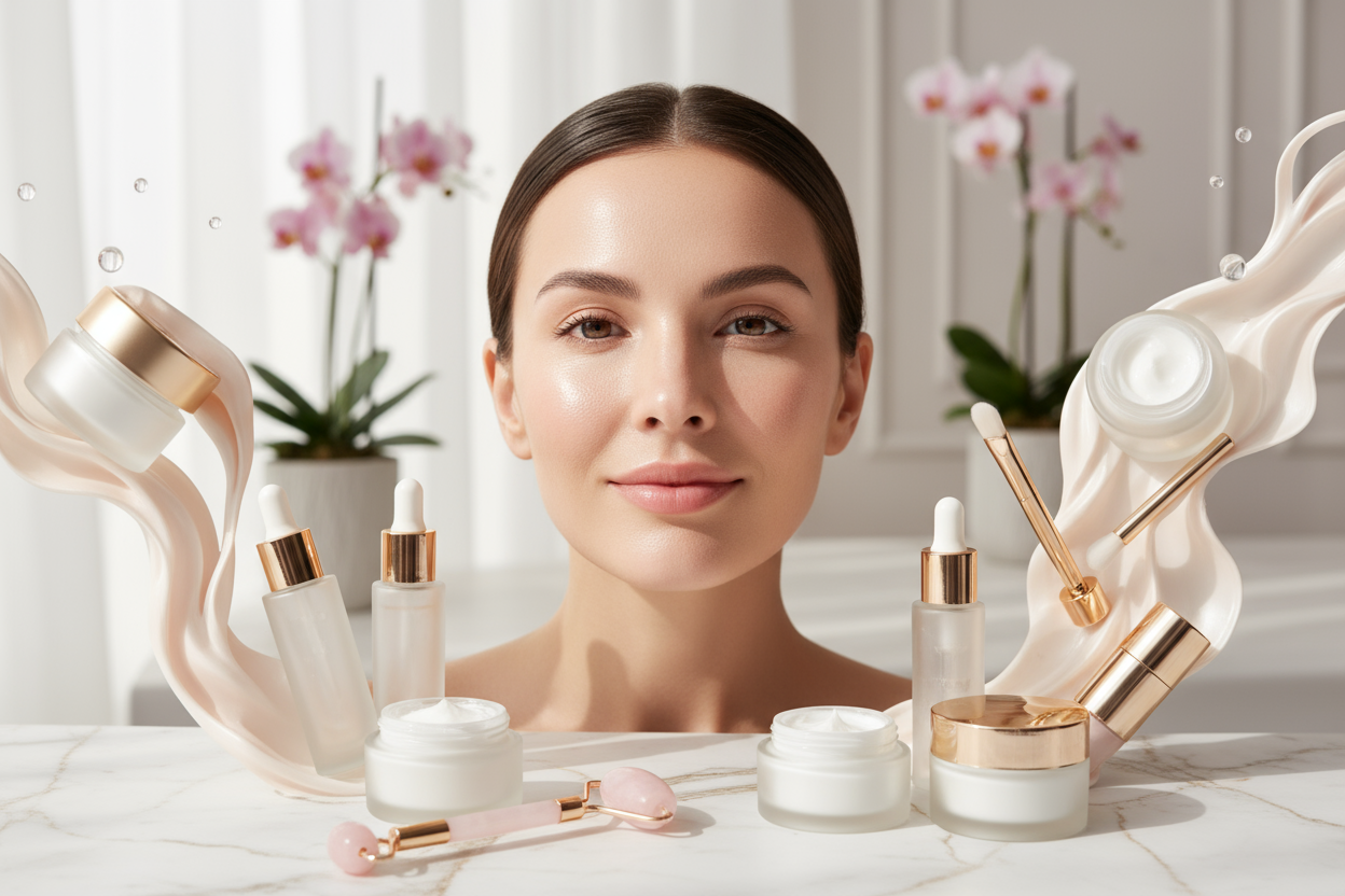 Produits de beauté et soin avec une belle visage d’une femme 